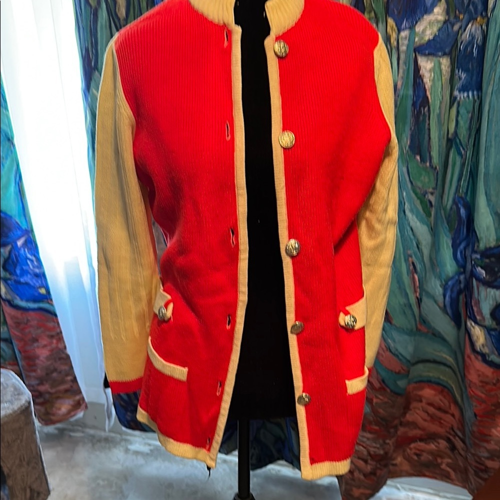 Vibrant Vintage 50s/60s Women’s Varsity-style Cardigan in Red-Orange and Cream
